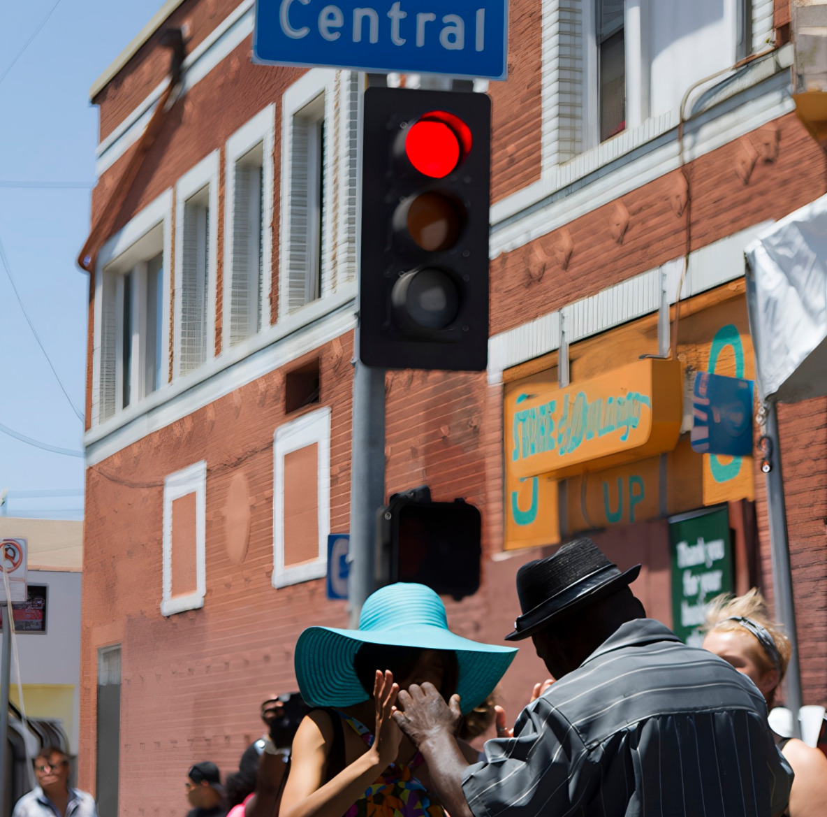 A couple dances during the annual Central Avenue Jazz Festival beneath a Central Avenue street sign.