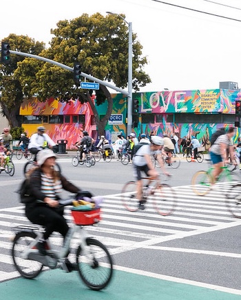 Bicyclists take advantage of the wide open streets CicLAvia brings.